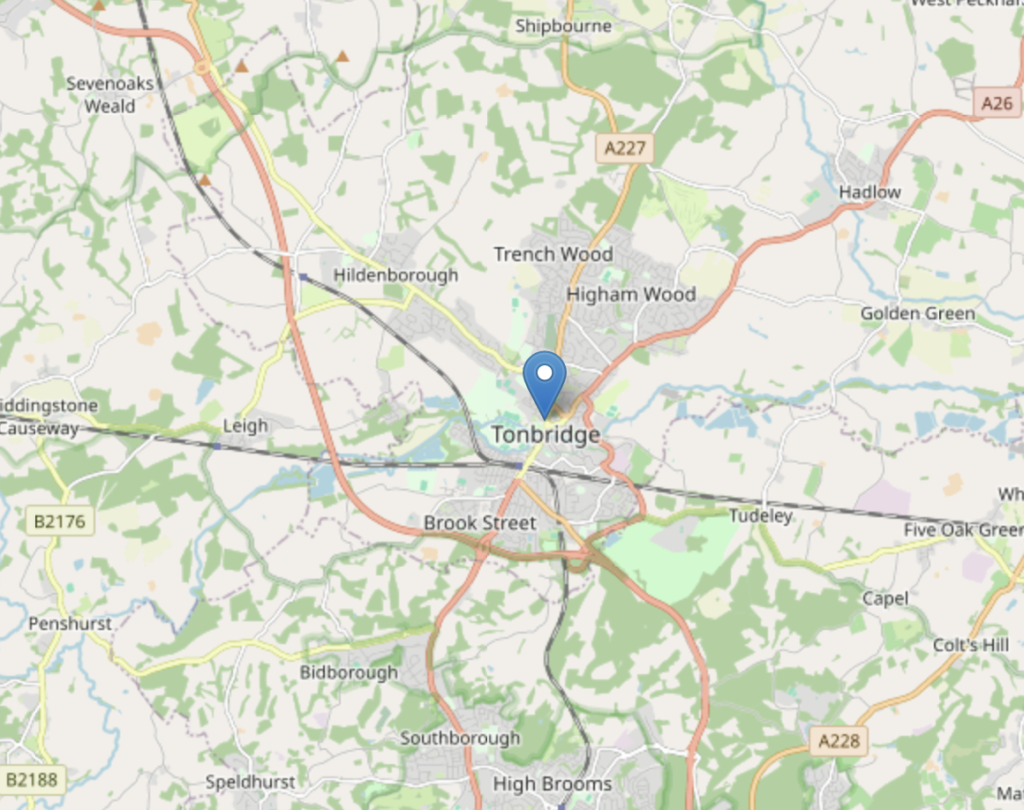 A map showing Tonbridge and the surrounding areas.