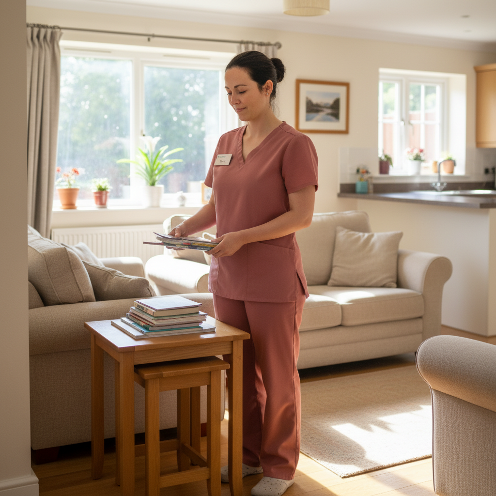 A female carer stood organising papers in a living room.